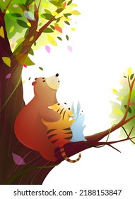 Animals sitting on tree looking up, cute bear bunny and tiger friends. Illustration for kids with baby animals. Illustrated vector dreamlike tree in watercolor style, on white background.