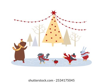 Animals skate on the skating rink in winter, a bear, a fox, a raccoon, a hare and a bullfinch. Vector christmas illustration - background.