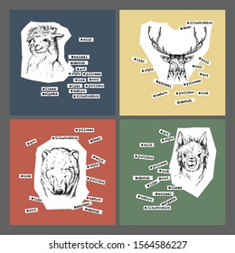 Animals sketch and hash tags cut out pieces of paper. Card templates kit 