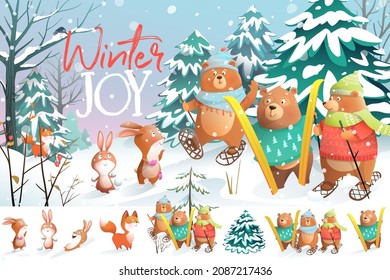 Animals Skiing and playing with show in Winter forest landscape. Christmas holidays fun and joy. Winter characters clipart illustration for kids. Children cartoon set in watercolor style.