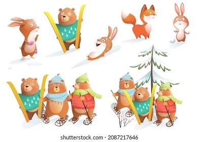 Animals Skiing and playing with show in Winter forest for Christmas holidays, seasonal sticker collection. Winter characters clipart illustration for kids. Children cartoon set in watercolor style.