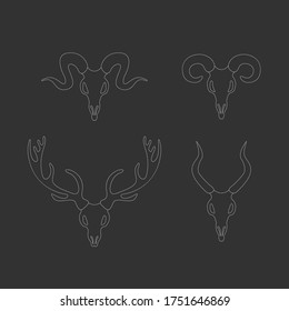 Animals skulls set isolated on a grey background. Vector icons design. Linear drawn skulls. 