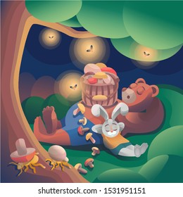 Animals sleep in a forest glade, ants drag mushrooms from a basket. The illustration is holistic, not divided into pieces and layers.