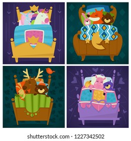 Animals sleeping in bed fairytale pets asleep set vector. Bunny holding carrot in paw, reindeer with horns, fox and bear, unicorn and rabbit hare. Calm mammals, lying under warm blanket together