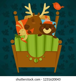 Animals sleeping in bed fairytale pets asleep set vector. Bunny holding carrot in paw, reindeer with horn. Calm mammals, lying under warm blanket together. Cute cartoon illustration.