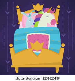 Animals sleeping in bed fairytale pets asleep set vector. Unicorn and rabbit hare. Calm mammals, lying under warm blanket together. Cute cartoon illustration.