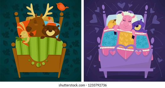 Animals sleeping in bed fairytale pets asleep set vector.