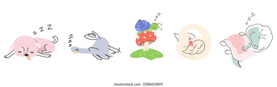 Animals sleeping in different poses. Dog pigeon snail crocodile and swan. Resting wild animal, insect, birds and pet. Isolated funny vector characters