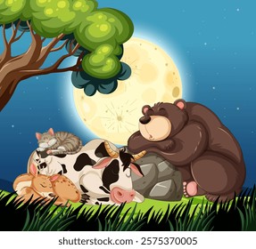 Animals sleeping peacefully beneath a glowing moon