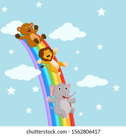 Animals sliding down a rainbow