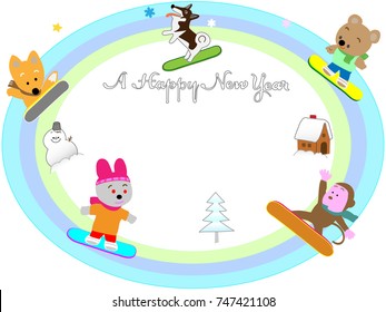 The animals are snowboarding celebrating the New Year.