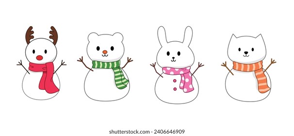 Animals snowman cartoon. Deer, rabbit, cat, bear for illustration and decoration