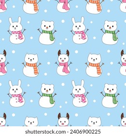 Caricatura de hombres de nieve de animales con un fondo de patrón impecable. Venado, conejo, gato, oso para el invierno, envoltura y papel pintado