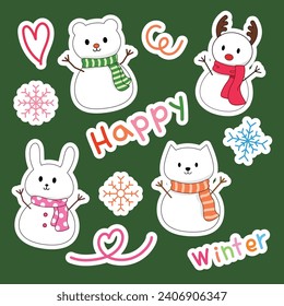 Animals snowman cartoon sticker. Deer, rabbit, cat, bear for illustration and decoration