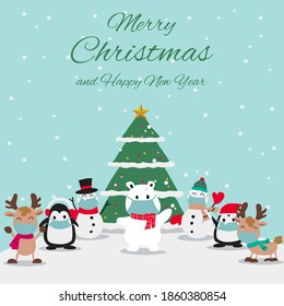 animals and snowman wear masks and enjoy with Christmas night, festival of happiness of everybody,vector illustration