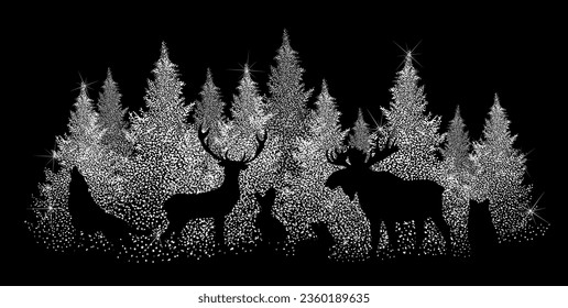 Animales en el bosque nevado. Abstracción en blanco y negro. Selva navideña con ciervo. Ilustración del vector