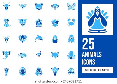 Animals Solid Color Icon Set. Containing eagle, giraffe, elephant, bat, horse, frog, butterfly, dog, dolphin, cheetah, gorilla, cow, fish, bear, cat, deer, fox, bee, flamingo, antelope, duck, crab.