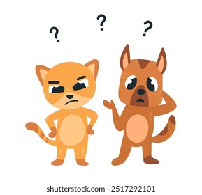 Animals solve problems. Funny cat and dog thinking together, have question. Suspicious and thoughtful animal character, classy vector scene