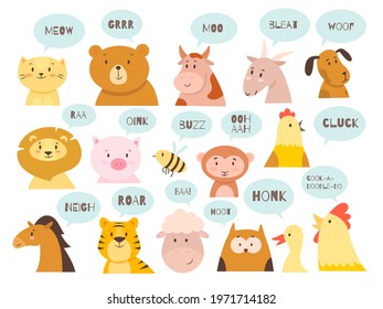 Animals sounds. Cute kids fauna characters with typical noises of species, babies educational icons, speech bubbles with text. Happy wild and domestic mammals vector cartoon isolated set