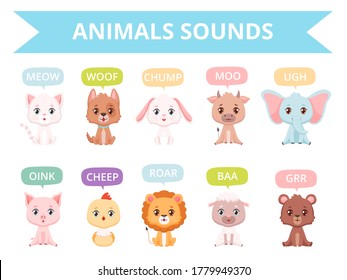 Animals sounds. Zoo birds cats dogs farm animals communication talking speaking words vector characters