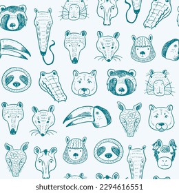 Animals of South America funny faces vector seamless pattern.