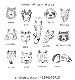 Animals of South America funny faces illustrations vector set.