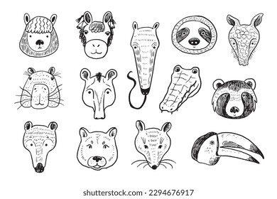 Animals of South America funny faces illustrations vector set.