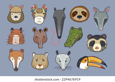 Animals of South America funny faces illustrations vector set.