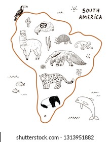 Animals of South America vector illustrations line hand drawn set