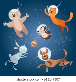 Animals in space. Astronauts. Cosmonauts. Dog, cat, hare, hedgehog, koala. Vector illustration