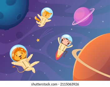 Animals in space. Cartoon funny astronaut travellers in helmet and jumpsuit professional uniform exact vector zoo characters background