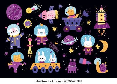 Animals in space. Cute fauna characters in