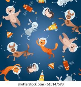 Animals in space. Dog, cat, hare, hedgehog, koala. Seamless background pattern. Vector illustration
