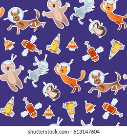 Animals in space. Dog, cat, hare, hedgehog, koala. Seamless background pattern. Vector illustration