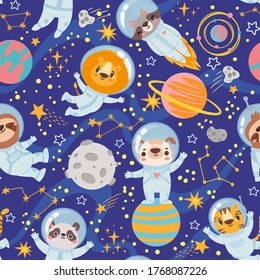 Animals in space. Seamless pattern space team cute animals, astronauts in space suits, starry universe wallpaper kids print vector texture. Lion and raccoon, dog and cat among planets