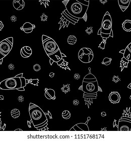 Animals in space seamless vector background. Rocket ships. Astronaut mouse, cat, giraffe, dog, and lion in rocket ships white on black. Space themed monochrome kids pattern. Great for children, babys.