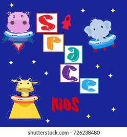 animals with space ship. vector cartoon illustration