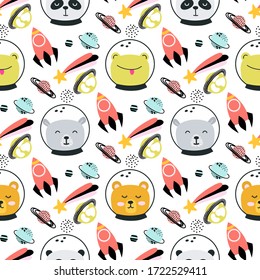 Animals and spaceships, rockets, planets, stars hand drawn seamless vector fill. Cute childish drawing. Baby wrapping paper, textile, vector illustration 