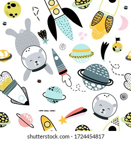 Animals and spaceships, rockets, planets, stars hand drawn seamless vector fill. Cute childish drawing. Baby wrapping paper, textile, vector illustration 