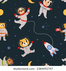 Animals in spacesuits. Space travellers seamless pattern for fabric and clothes. Animal research universe, children cute mascots classy vector background
