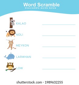 Animals Spelling Word Scramble. Animals spelling words w. Educational activity for preschool kids. Preschool Education. Vector illustration.