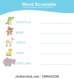 Animals Spelling Word Scramble. Animals spelling words w. Educational activity for preschool kids. Preschool Education. Vector illustration.