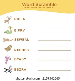 Animals Spelling Word Scramble. Spelling words worksheet. Educational activity for preschool kids. Vector illustration.