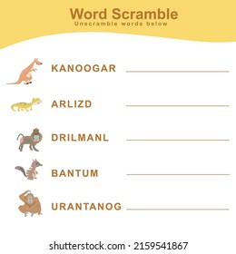 Animals Spelling Word Scramble. Spelling words worksheet. Educational activity for preschool kids. Vector illustration.