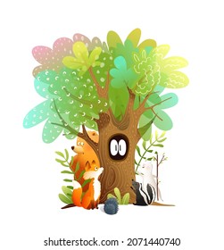 Animales en un bosque espeluznante mirando los ojos grandes en el hueco del árbol. Niñas cuento de hadas acuarela estilo misterio ilustración de la historia. Clipart aislado para diseño vectorial infantil.