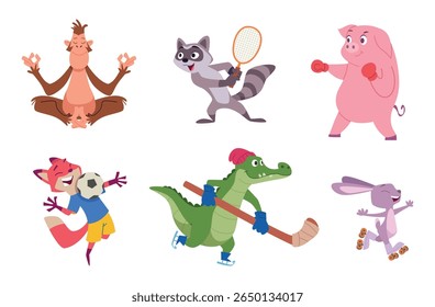 Esporte de animais. Personagens de desenhos animados animal selvagem fazendo exercícios de fitness vetorial exato