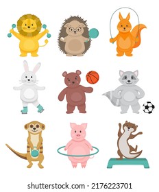 Animals sport cartoon collection set. Cute animals go in for sports. Motivation for children. Vector illustration for children's sports section, football, basketball, athletics.