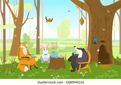 Animals In Spring Forest Having Tea Party. Fox, Bunny And Badger Drinking Tea Near Badger's Tree House. Cute Cartoon Vector Illustartion.