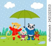Animals at spring rain. Cute panda, leopard, mouse and frog stand together under giant umbrella. Funny friends, classy friendship vector concept