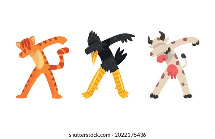 Animals Standing in Dub Dance Pose Set, Tiger, Crow, Cow Doing Dabbing Cartoon Vector Illustration